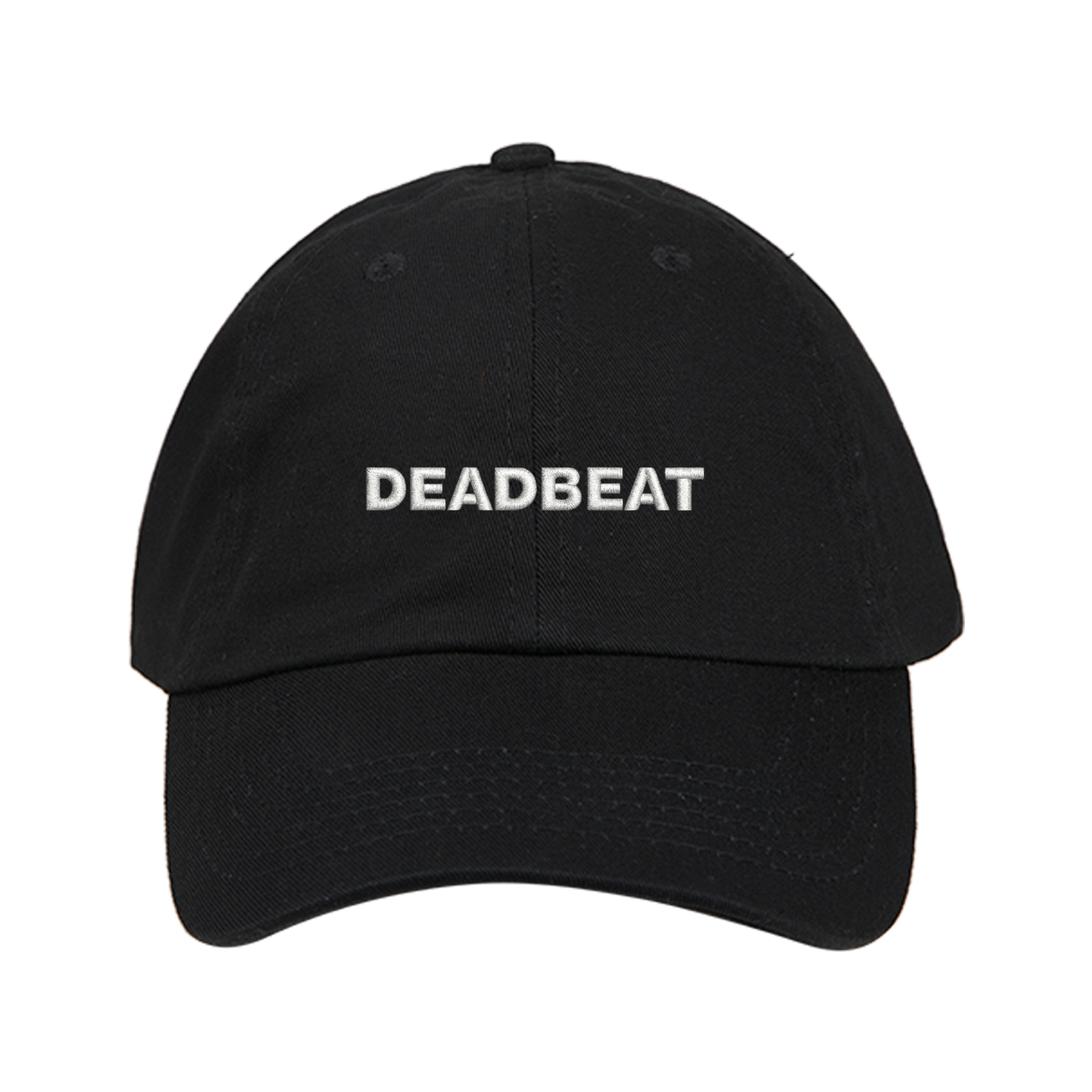 Black cap with 'DEADBEAT' text across the front