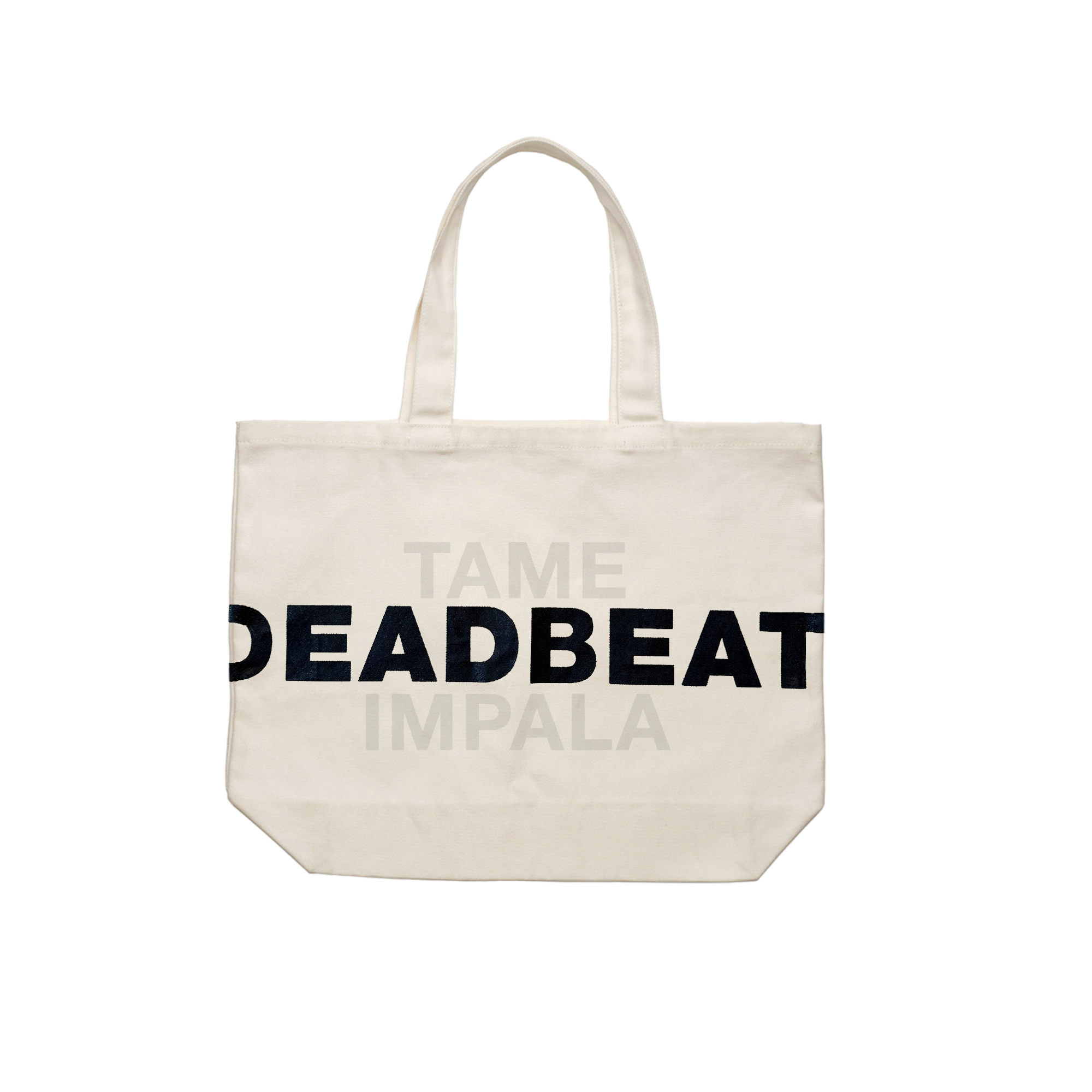 Beige tote bag with black Deadbeat Tame Impala text