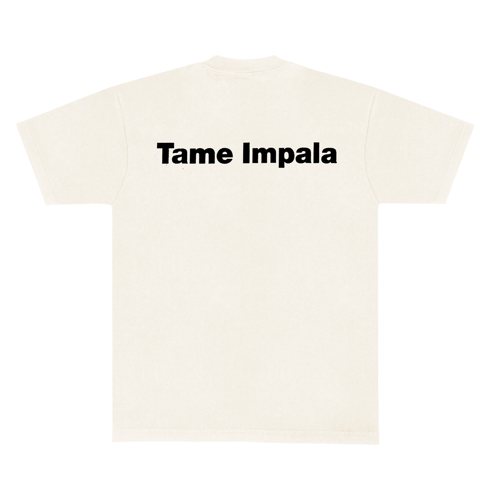 Back view of a white short-sleeve t-shirt with Black Tame Impala print across the upper back