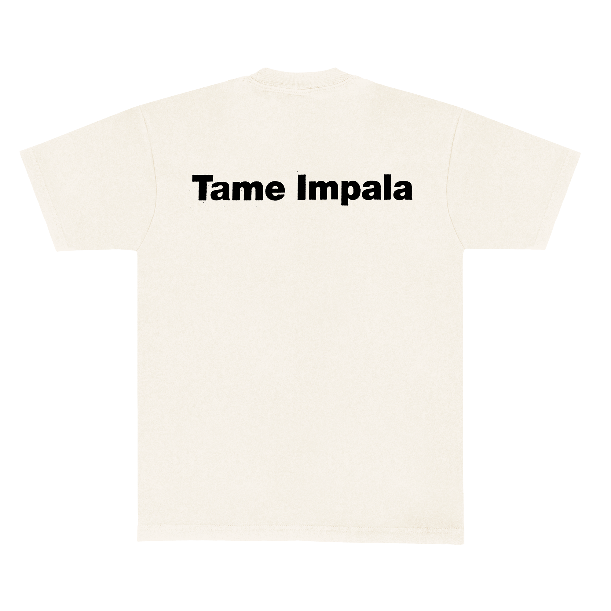 Back view of a white short-sleeve t-shirt with Black Tame Impala print across the upper back