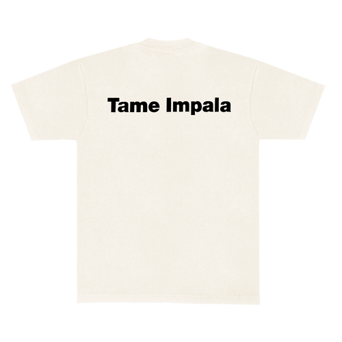 Back view of a white short-sleeve t-shirt with Black Tame Impala print across the upper back