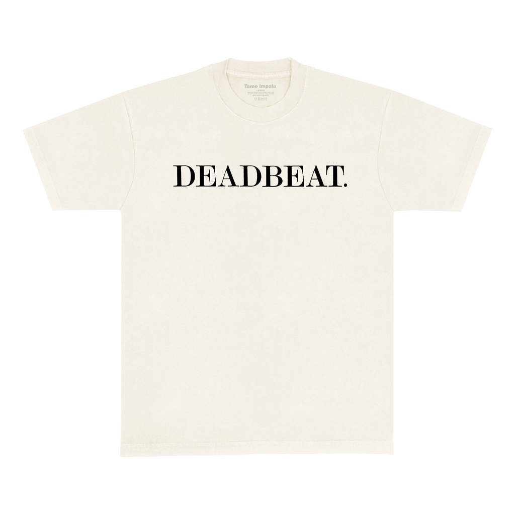Front view of a white short-sleeve t-shirt with black 'DEADBEAT' text print across the chest