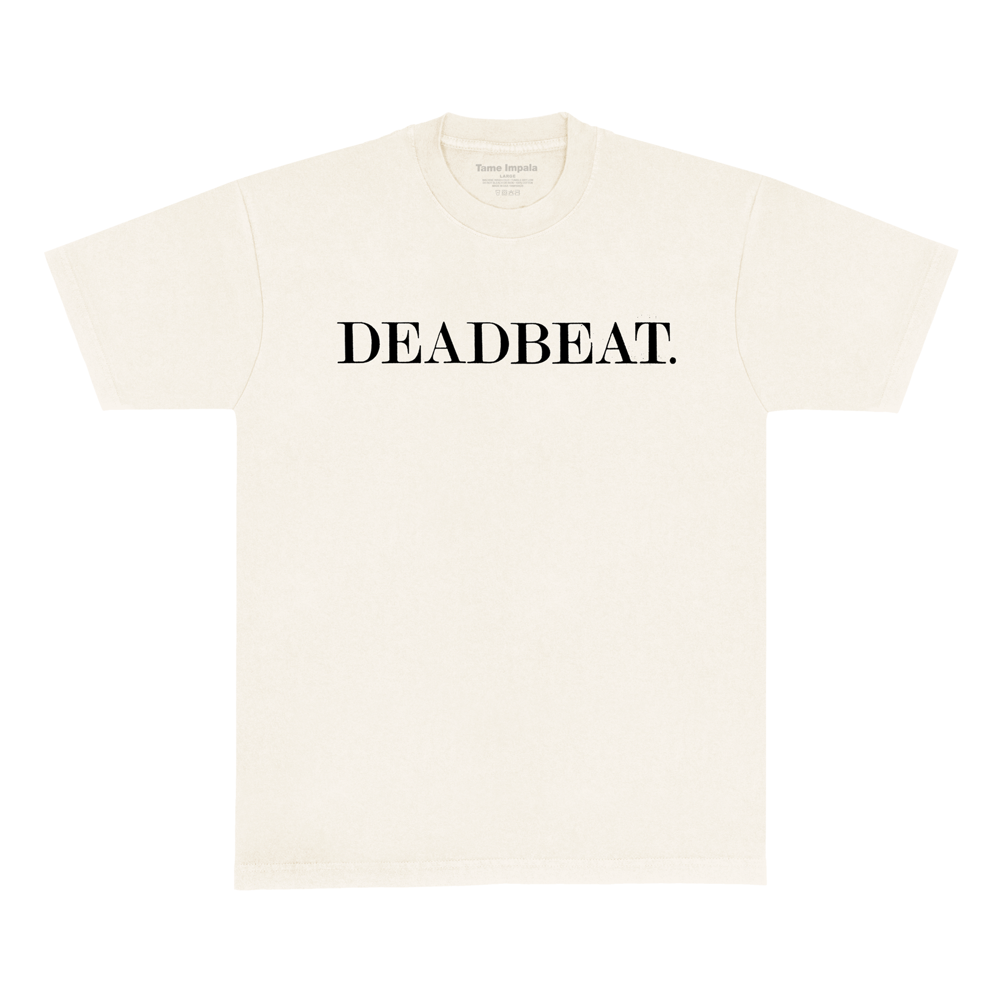 Front view of a white short-sleeve t-shirt with black 'DEADBEAT' text print across the chest