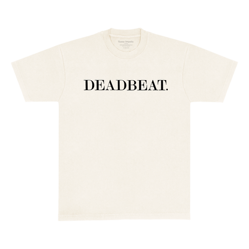 Front view of a white short-sleeve t-shirt with black 'DEADBEAT' text print across the chest