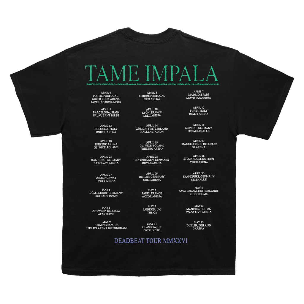 Black t-shirt with 'Tame Impala' tour schedule