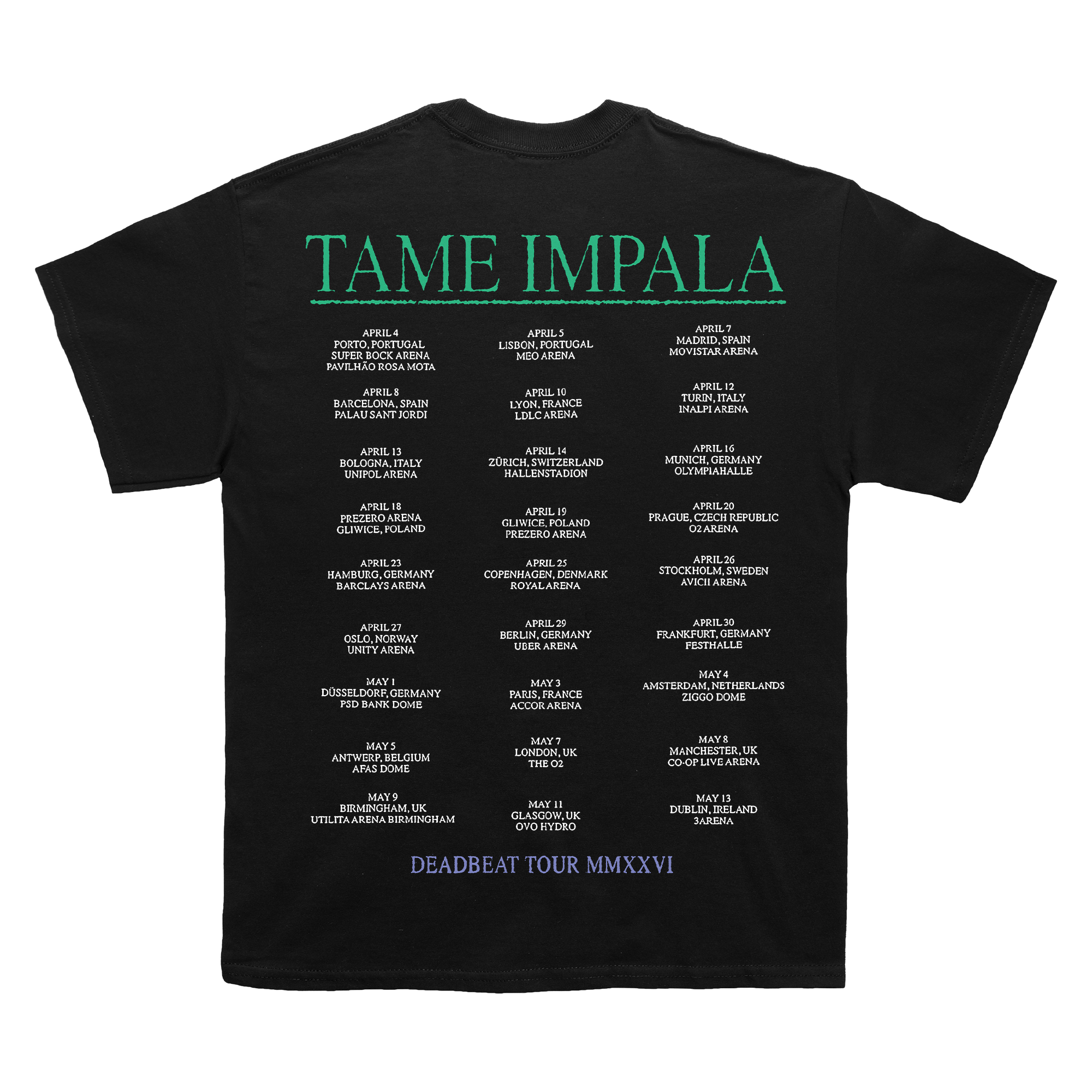 Black t-shirt with 'Tame Impala' tour schedule