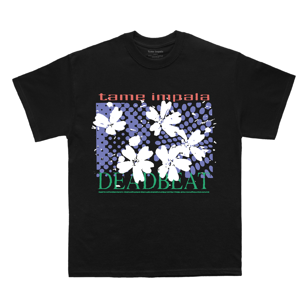 Black Tame Impala t-shirt with white floral design 