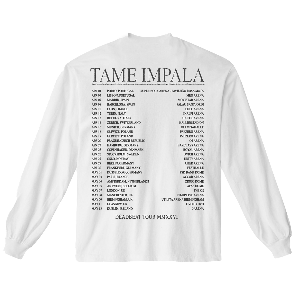 White sweatshirt with 'Tame Impala' text and tour dates on a white background