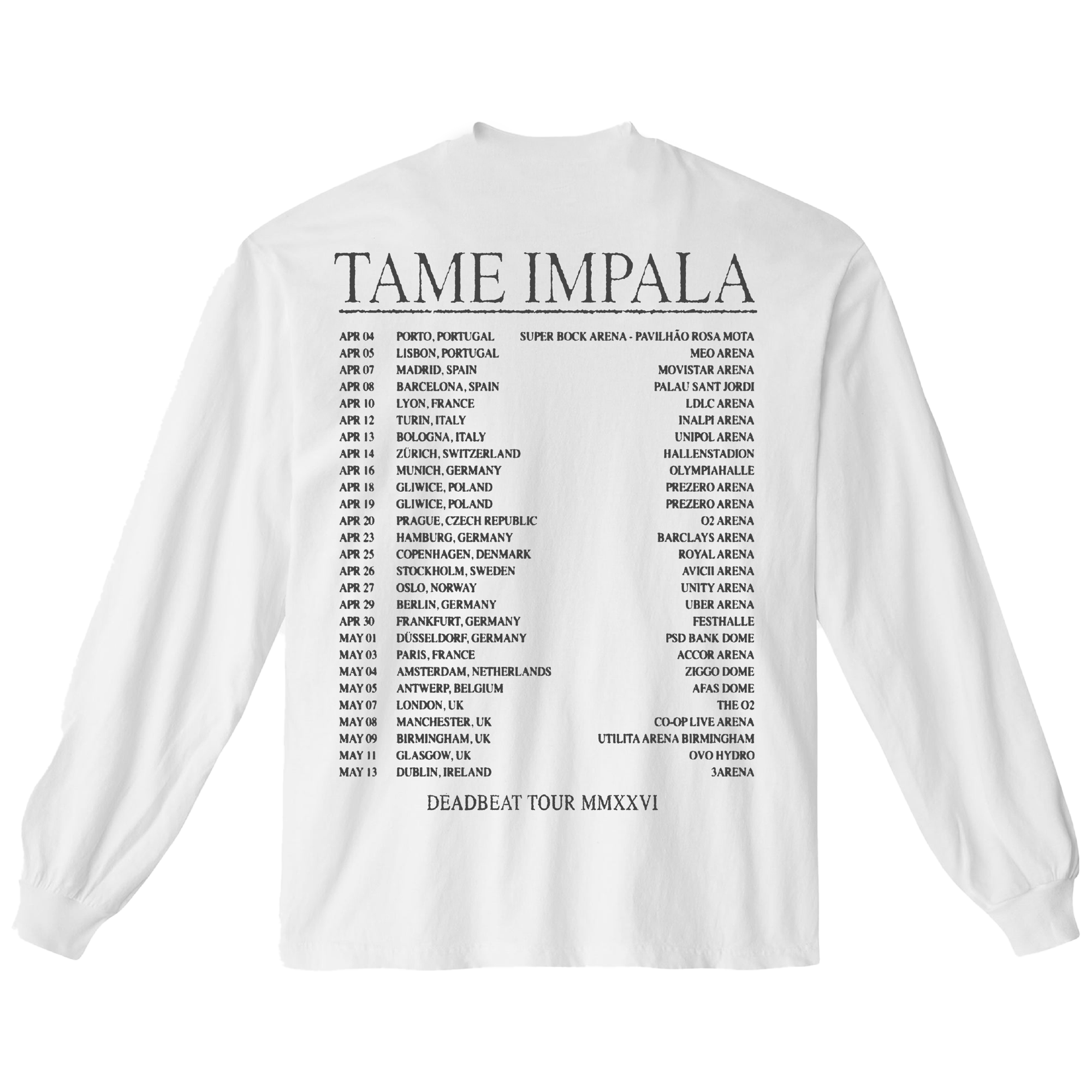 White sweatshirt with 'Tame Impala' text and tour dates on a white background