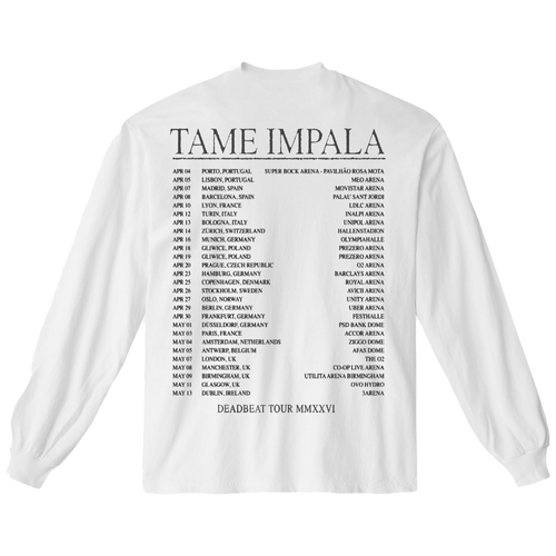 White sweatshirt with 'Tame Impala' text and tour dates on a white background