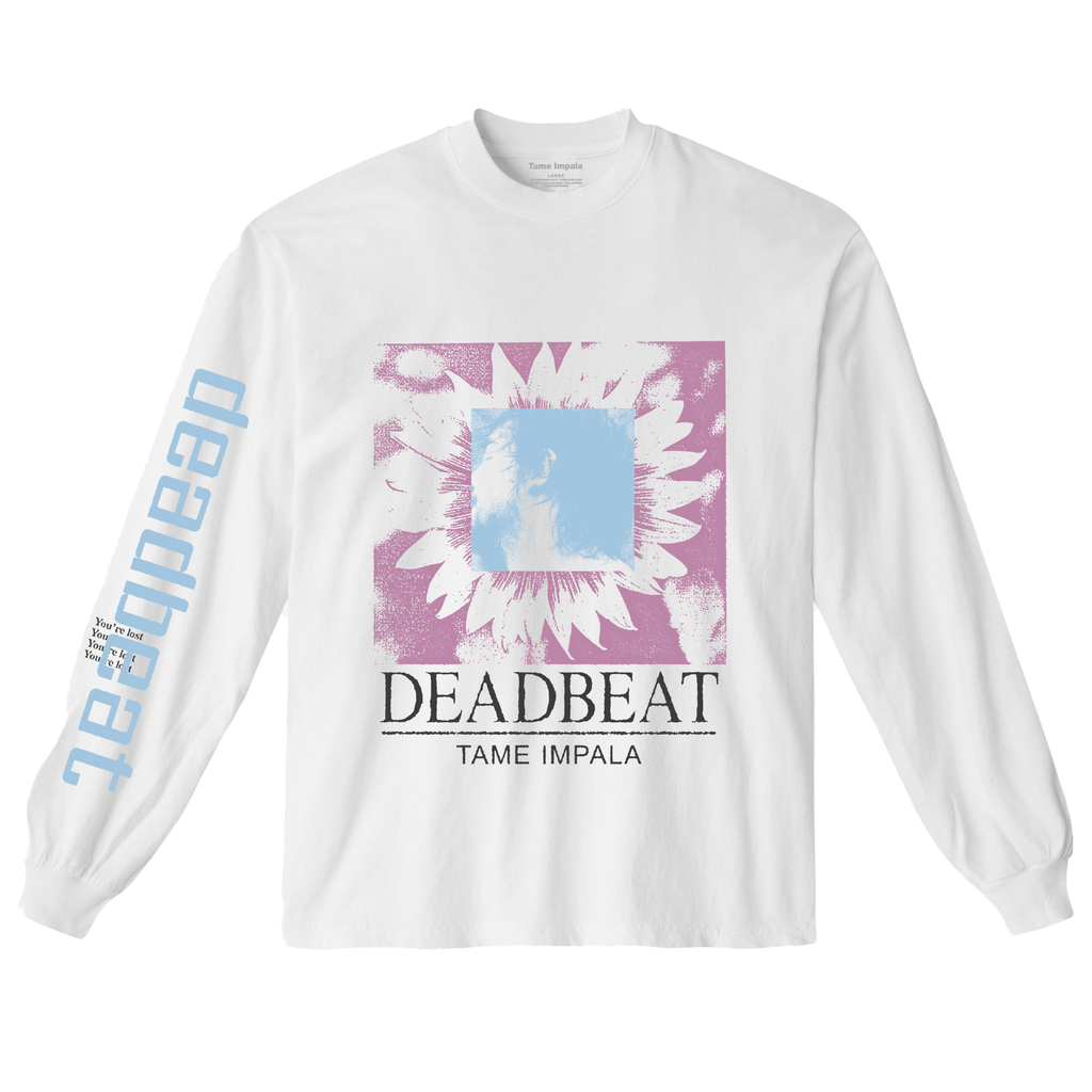 White long-sleeve shirt with 'Deadbeat' graphic and Tame Impala text.