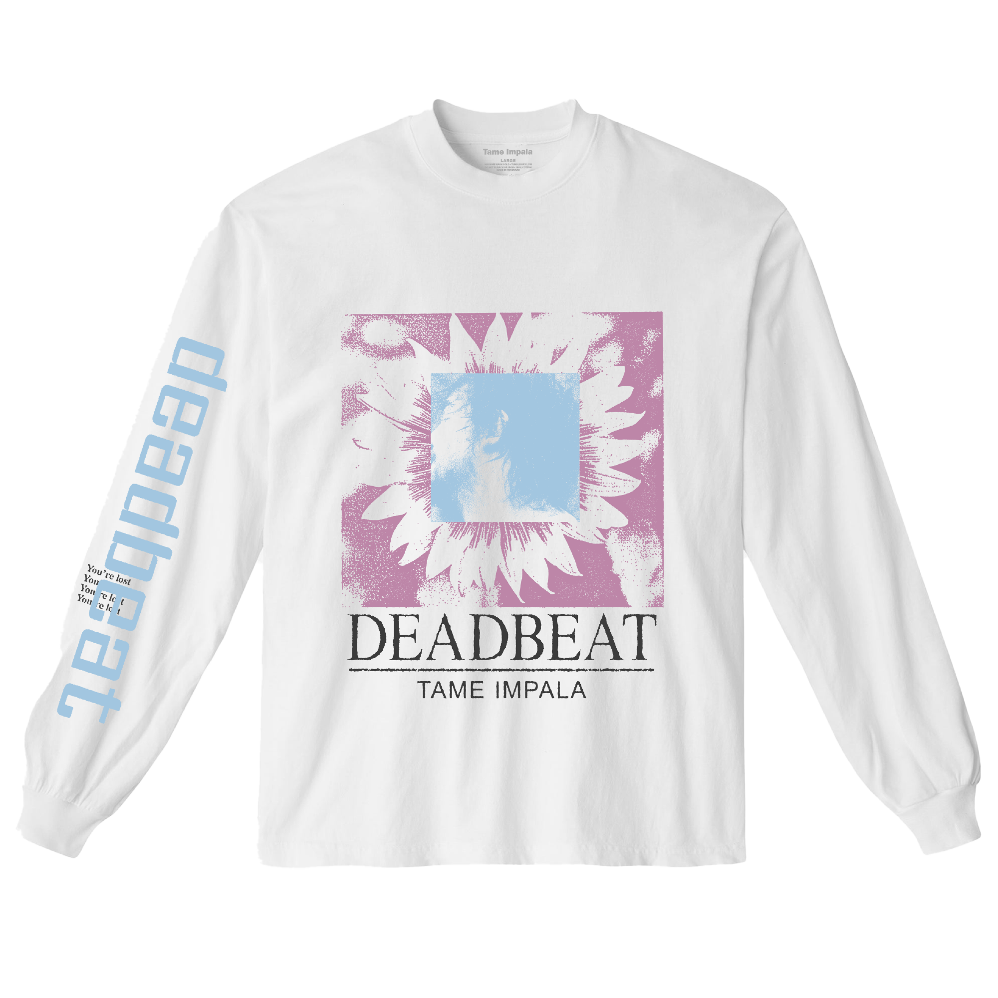White long-sleeve shirt with 'Deadbeat' graphic and Tame Impala text.