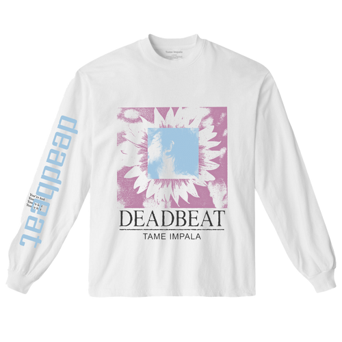 White long-sleeve shirt with 'Deadbeat' graphic and Tame Impala text.