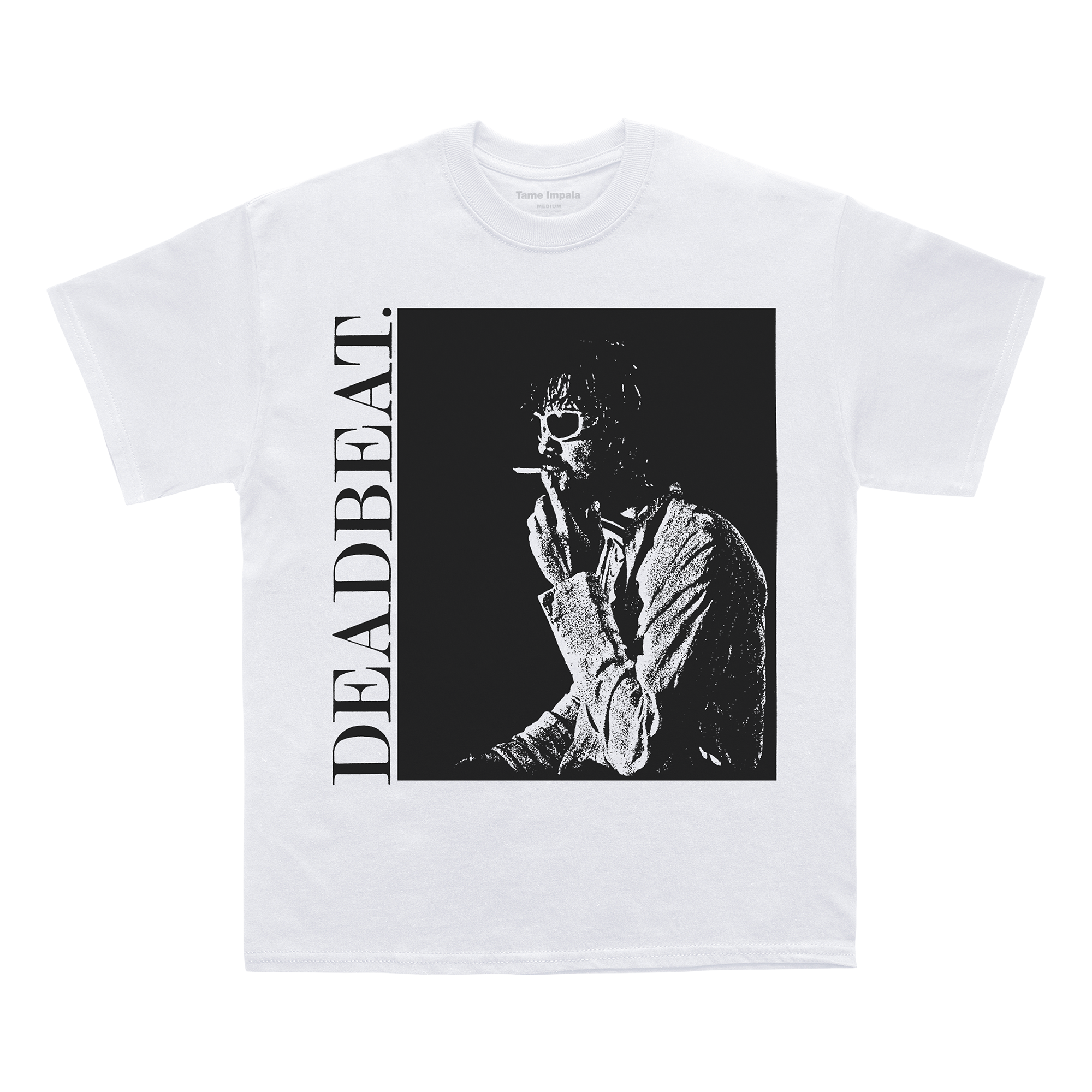 White short-sleeve t-shirt with a black-and-white illustration of Tame Impala smoking. The design includes the word “Deadbeat” printed horizontally in black on the right side.
