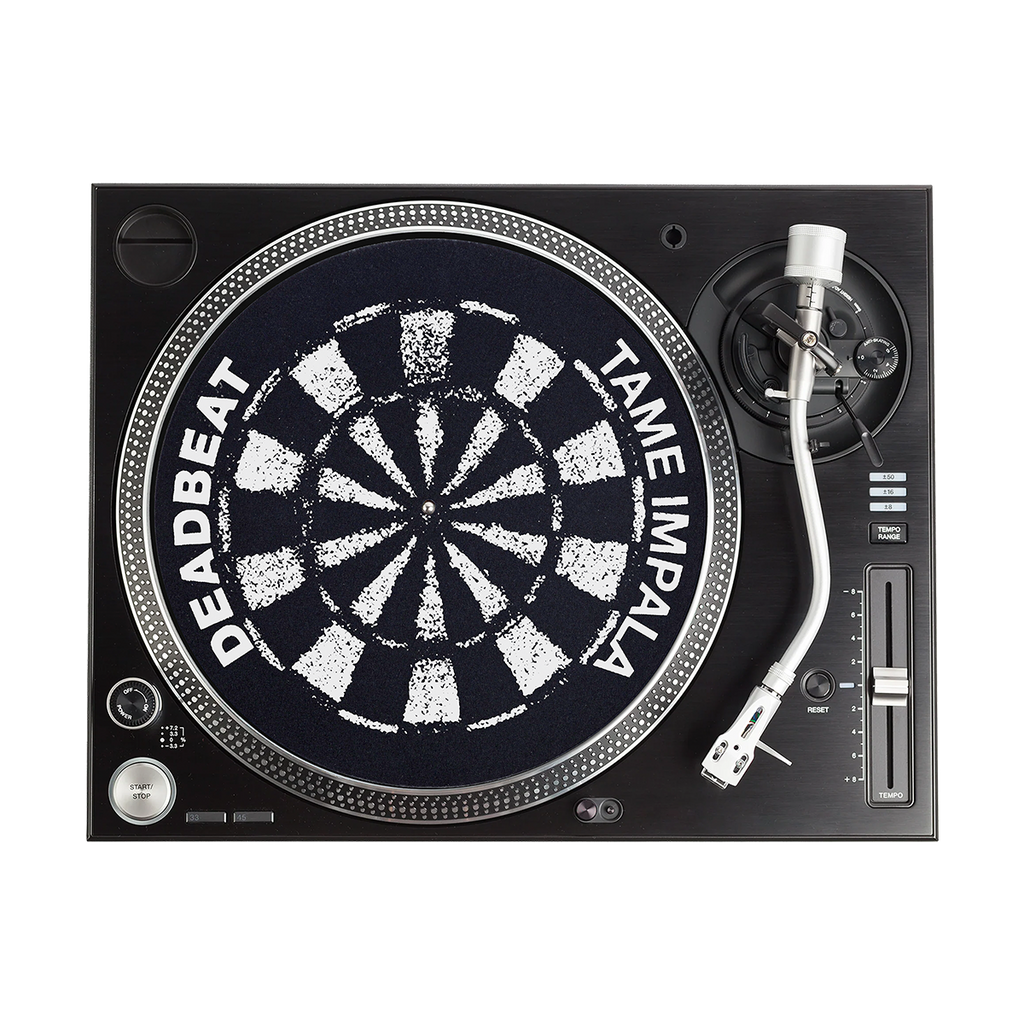Turntable with Deadbeat and Tame Impala design on the platter