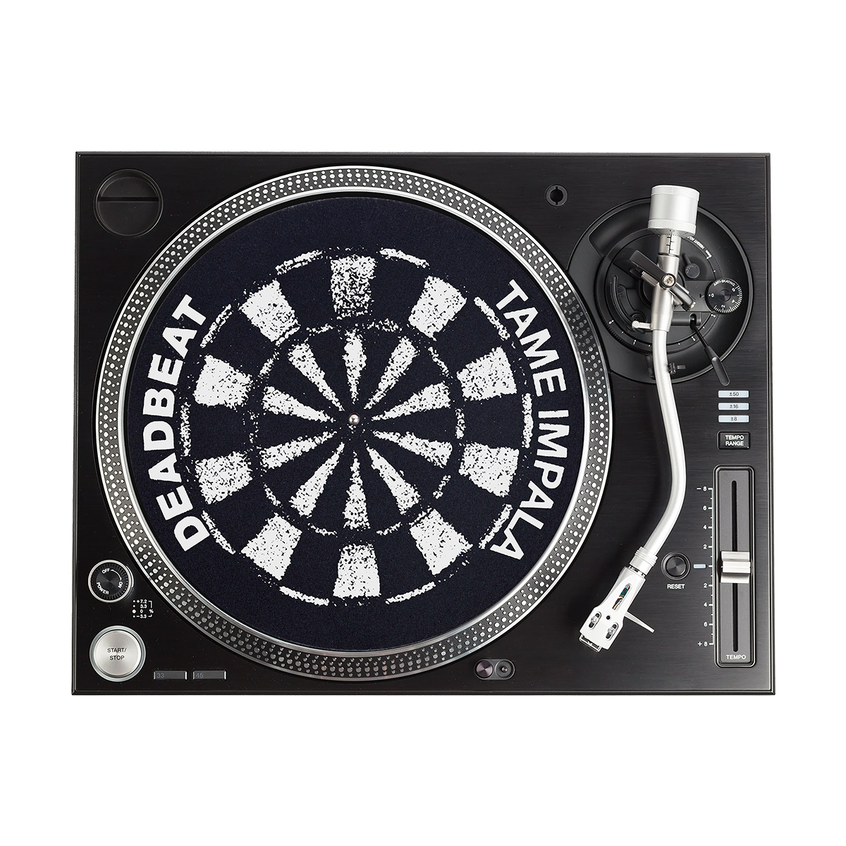 Turntable with Deadbeat and Tame Impala design on the platter