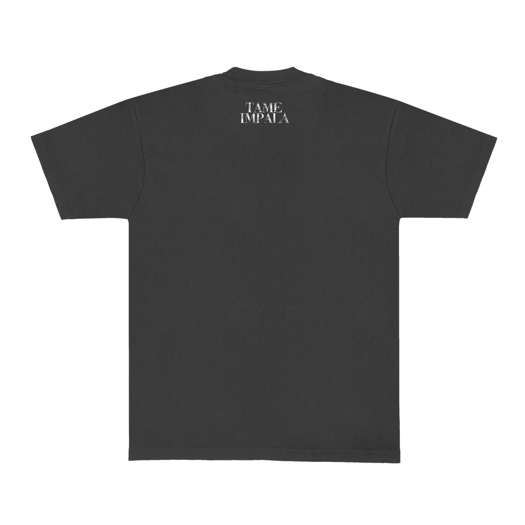 Black vintage t-shirt with white vintage 'Tame Impala' text across the neck
