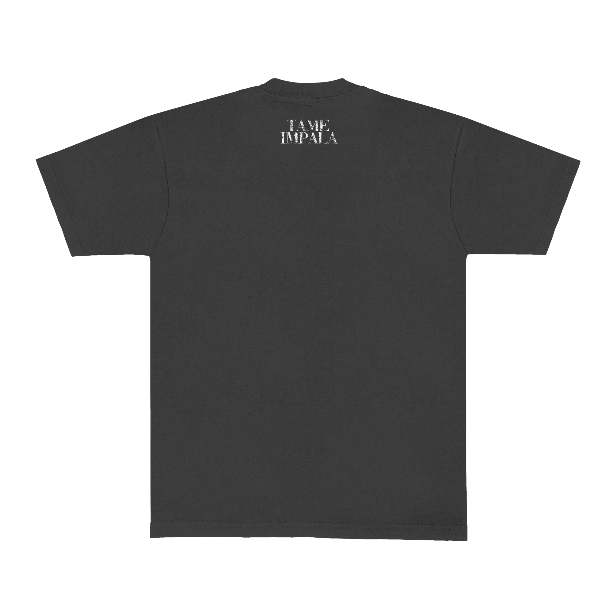 Black vintage t-shirt with white vintage 'Tame Impala' text across the neck