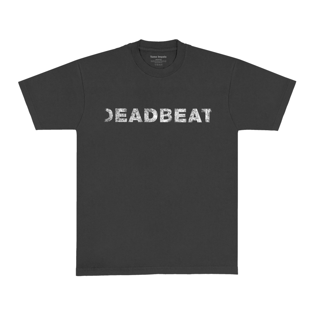 Black vintage t-shirt with white vintage 'DEADBEAT' text across the front