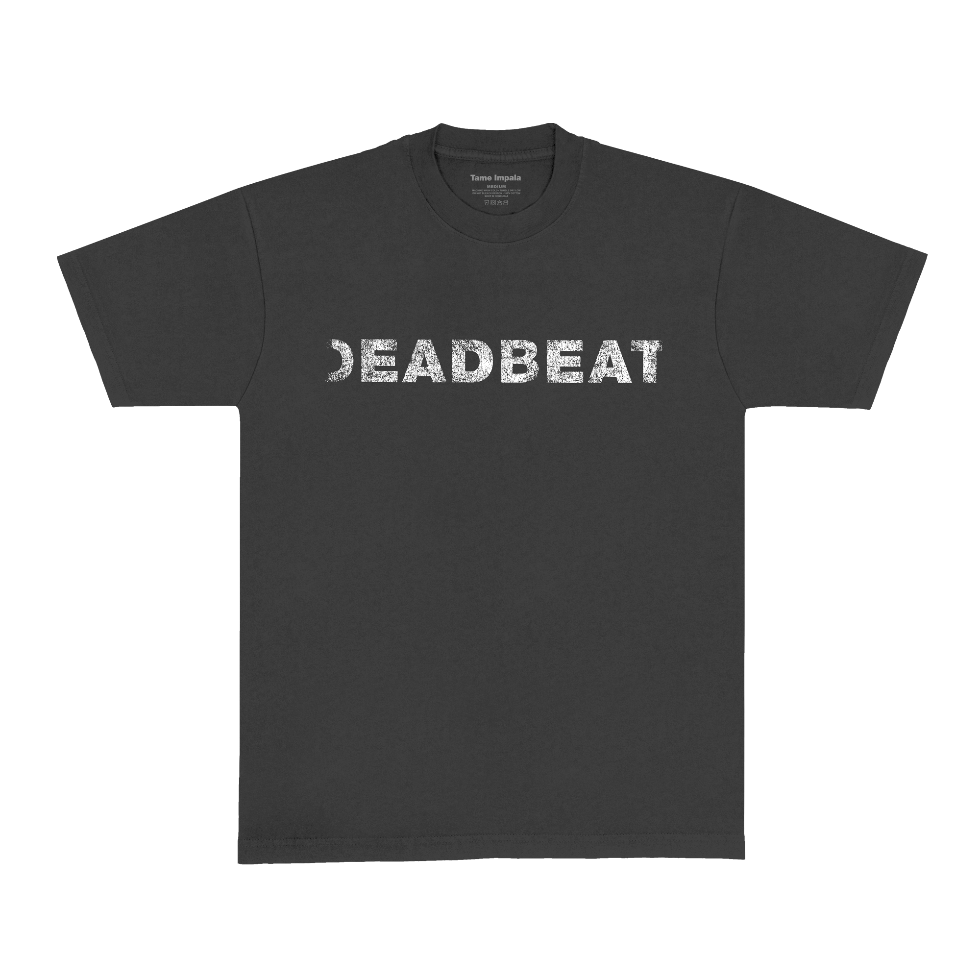 Black vintage t-shirt with white vintage 'DEADBEAT' text across the front