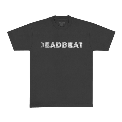 Black vintage t-shirt with white vintage 'DEADBEAT' text across the front