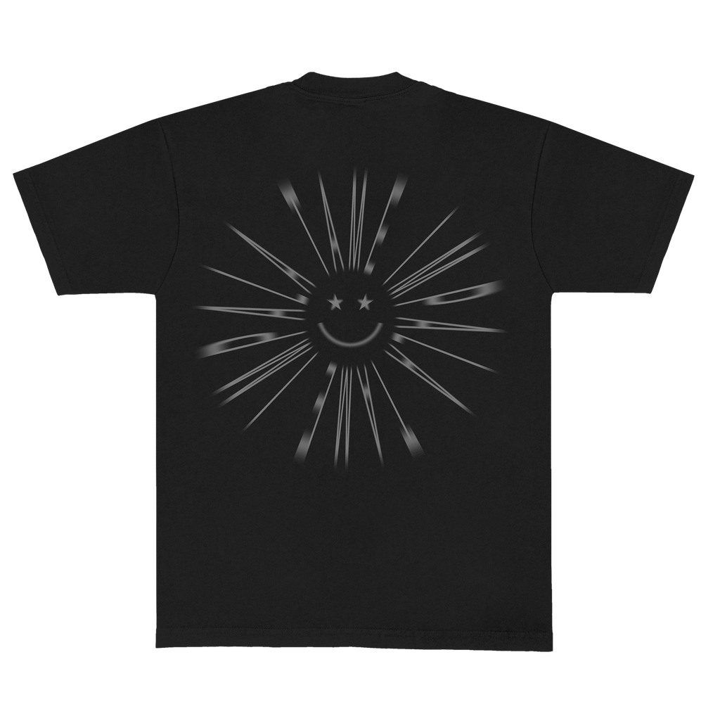 Black Tame Impala t-shirt with a sunburst design and smiley face 