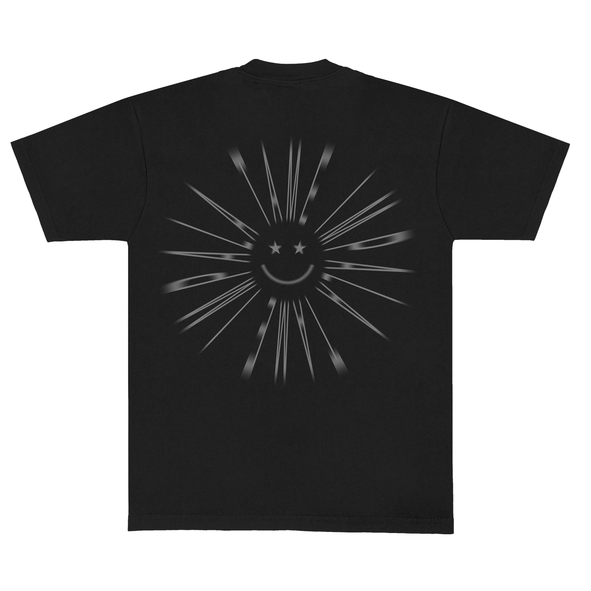 Black Tame Impala t-shirt with a sunburst design and smiley face 