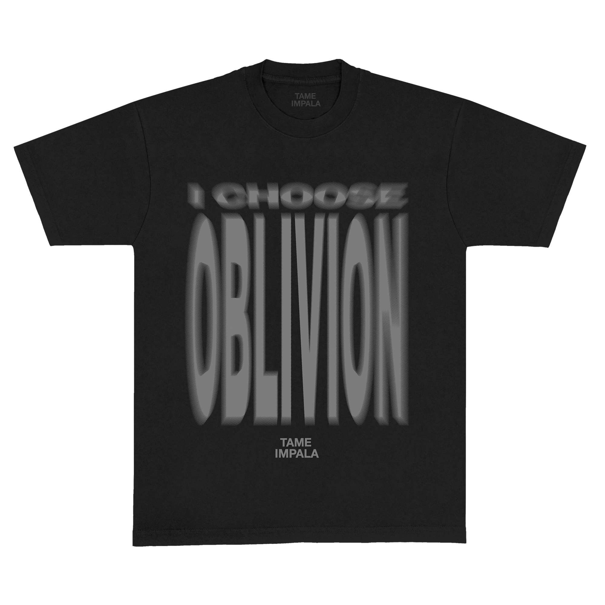 Black t-shirt with 'I Choose Oblivion' text and Tame Impala logo 