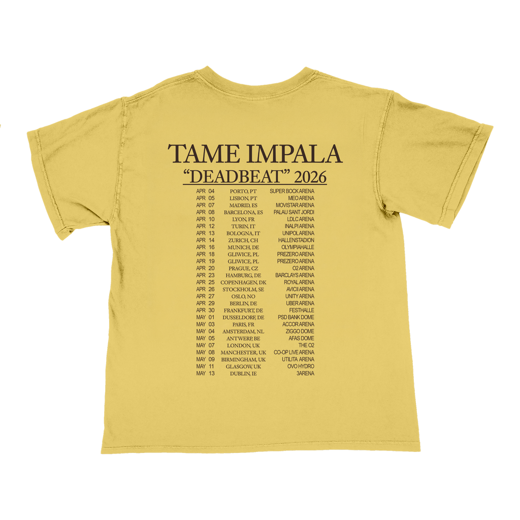 Yellow t-shirt with 'Tame Impala Deadbeat 2026' text and tour dates