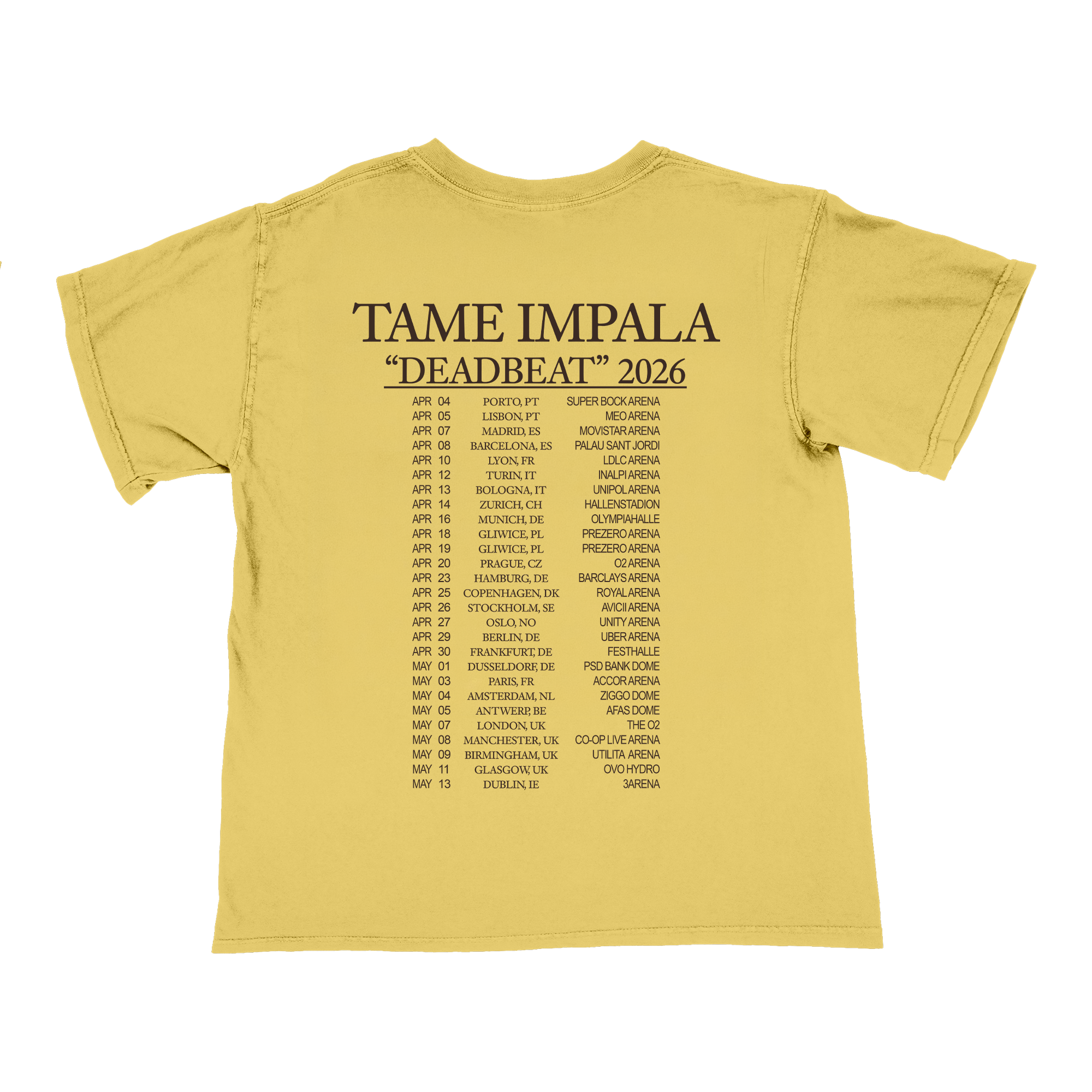 Yellow t-shirt with 'Tame Impala Deadbeat 2026' text and tour dates