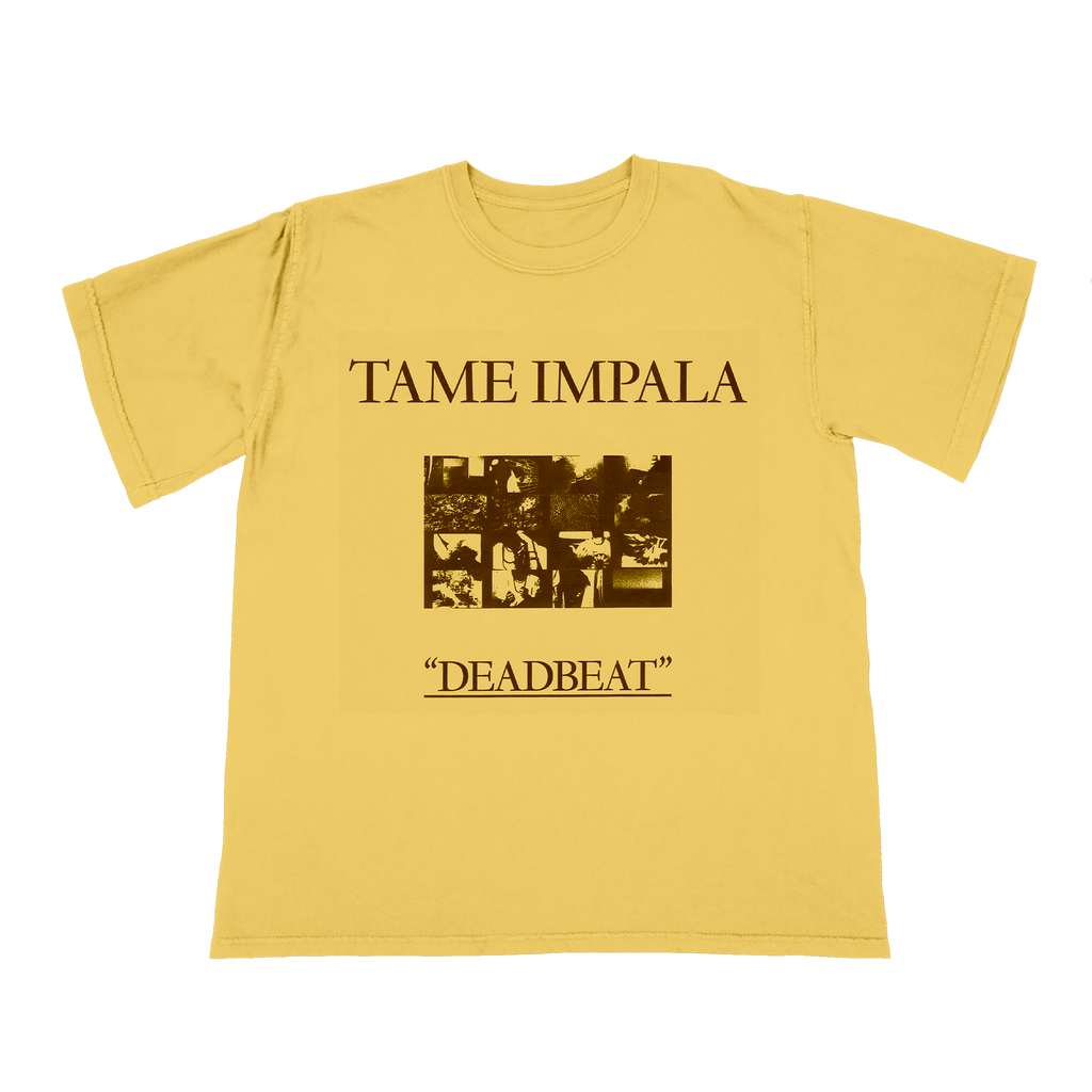 Yellow t-shirt with 'Tame Impala' and 'Deadbeat' text 