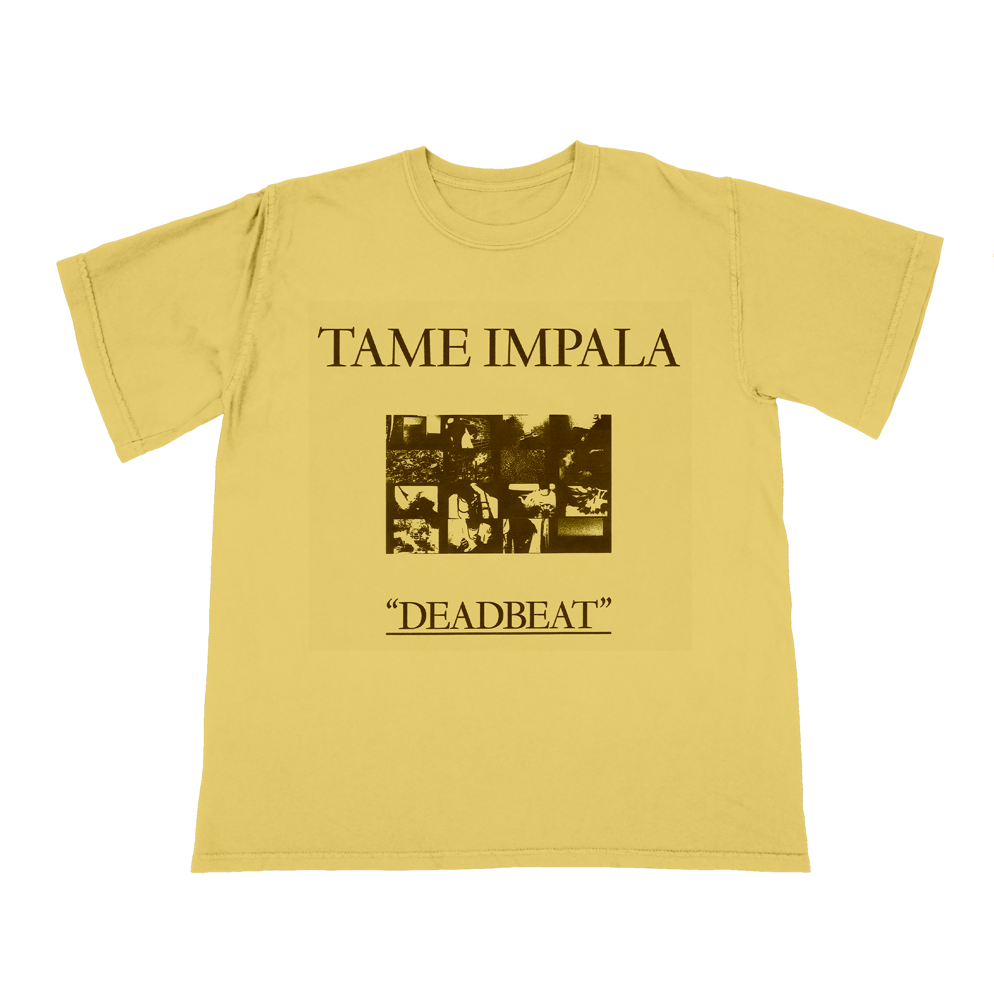 Yellow t-shirt with 'Tame Impala' and 'Deadbeat' text 