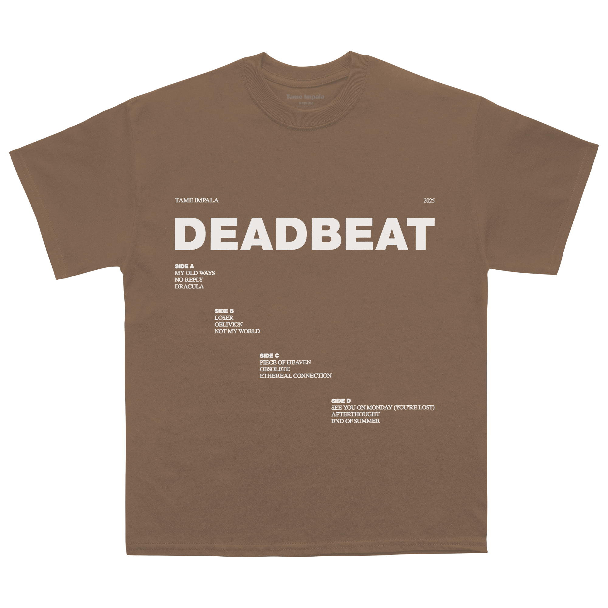 Espresso brown coloured short-sleeve t-shirt featuring “Deadbeat” in bold white lettering across the chest, with the vinyl tracklist printed diagonally underneath.
