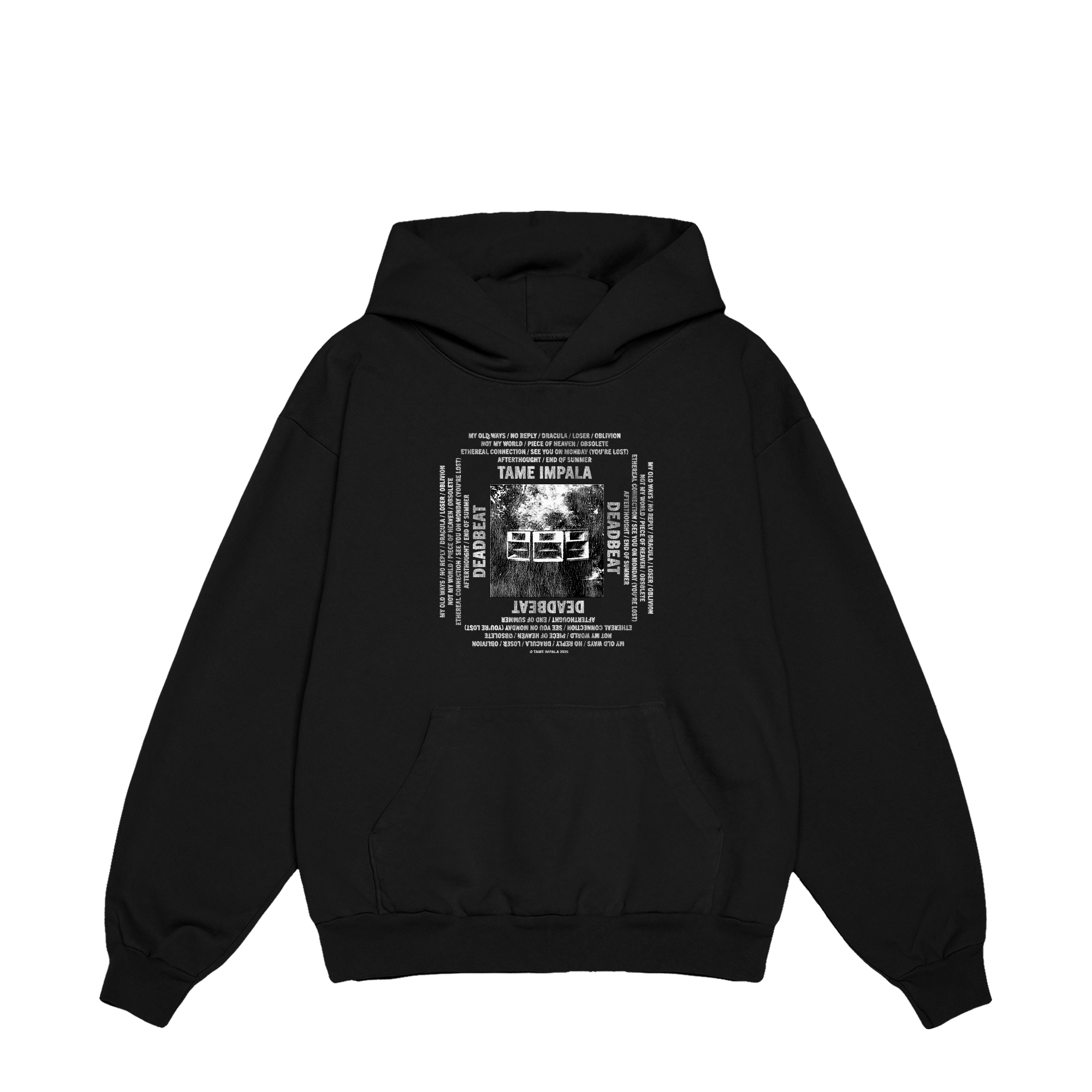 Black hoodie with a white Tame Impala “Deadbeat” graphic across the chest and a front kangaroo pocket beneath the print.