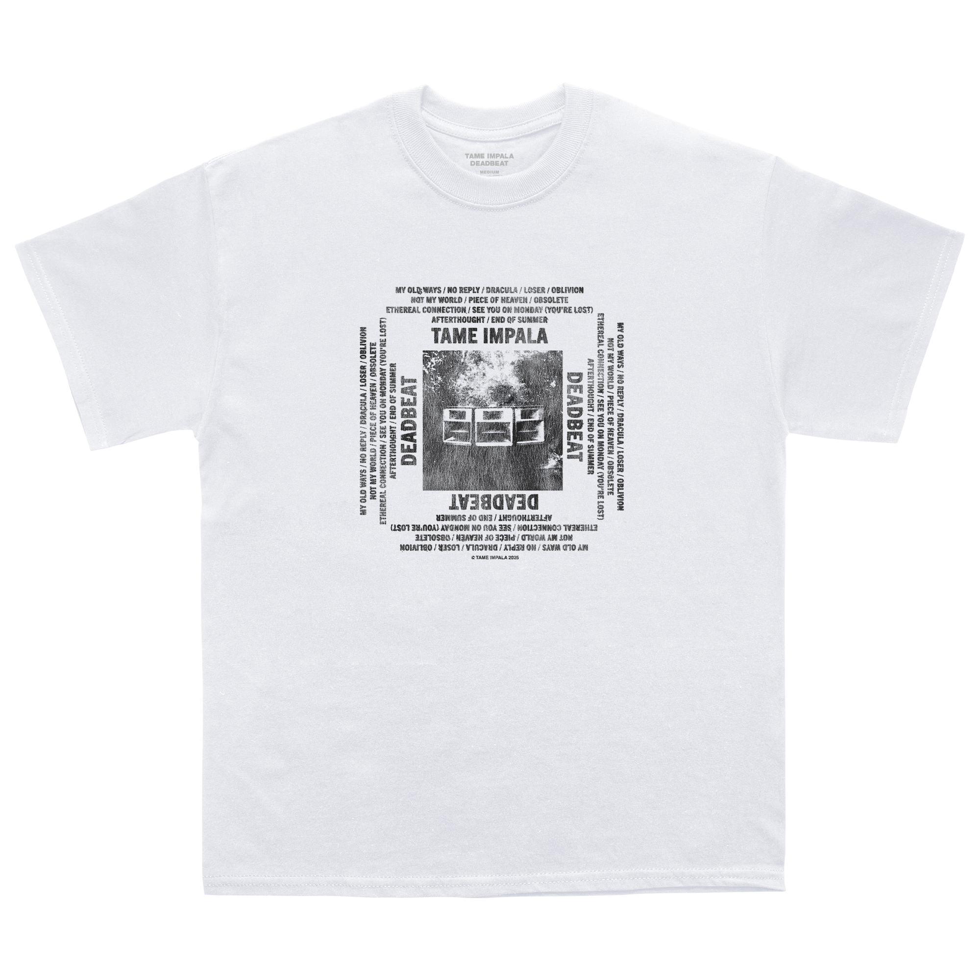 White short-sleeve t-shirt with black-and-white Tame Impala “Deadbeat” graphic printed across the front.