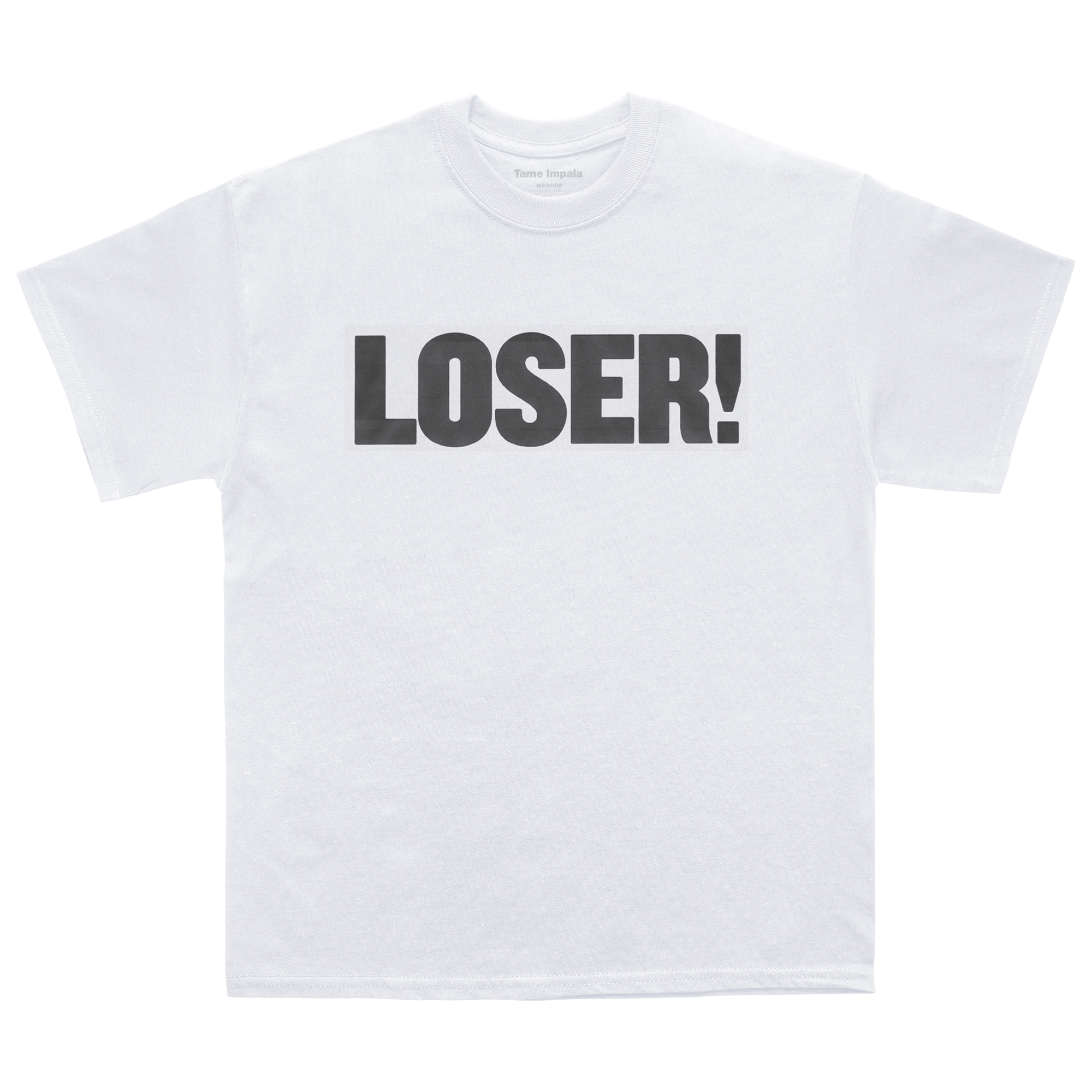 White short-sleeve t-shirt featuring “LOSER!” in bold black print across the front.