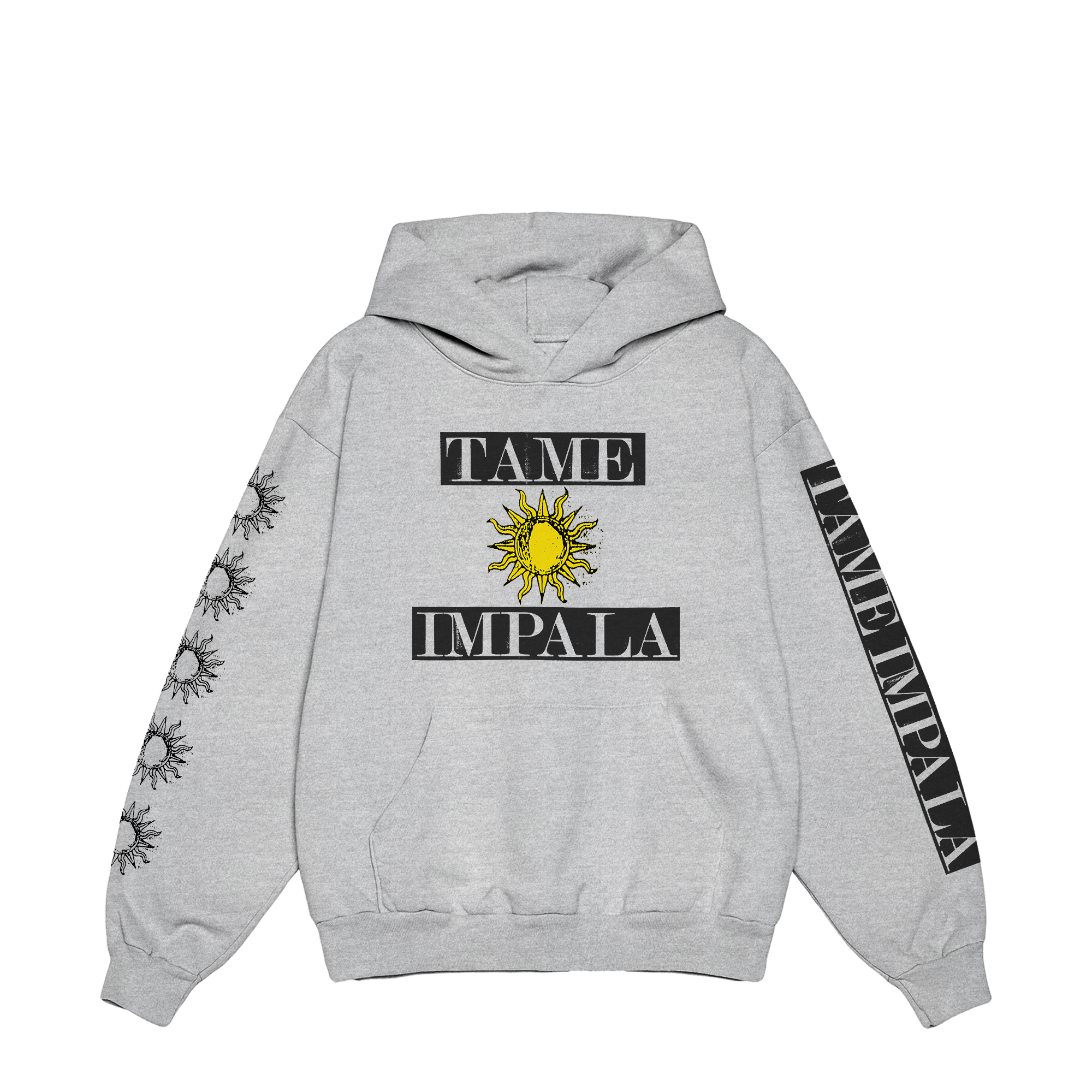 Grey hoodie with “Tame Impala” text and a yellow sun graphic between the words on the front. The right sleeve is decorated with black-and-white sun graphics, and the left sleeve features white “Tame Impala” text on a black panel.