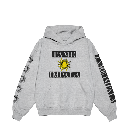 Grey hoodie with “Tame Impala” text and a yellow sun graphic between the words on the front. The right sleeve is decorated with black-and-white sun graphics, and the left sleeve features white “Tame Impala” text on a black panel.