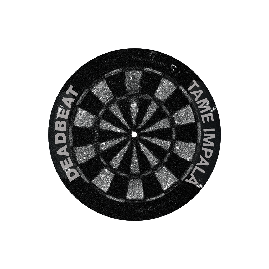 Black and white slipmat with dartboard design and 'Deadbeat' and 'Tame Impala' text on a white background