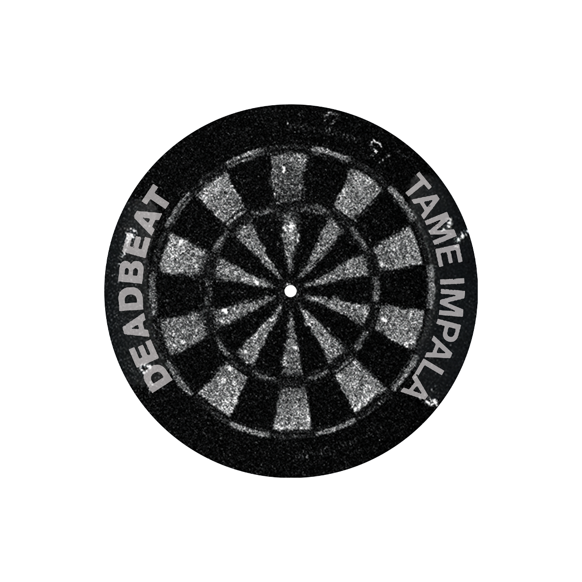 Black and white slipmat with dartboard design and 'Deadbeat' and 'Tame Impala' text on a white background
