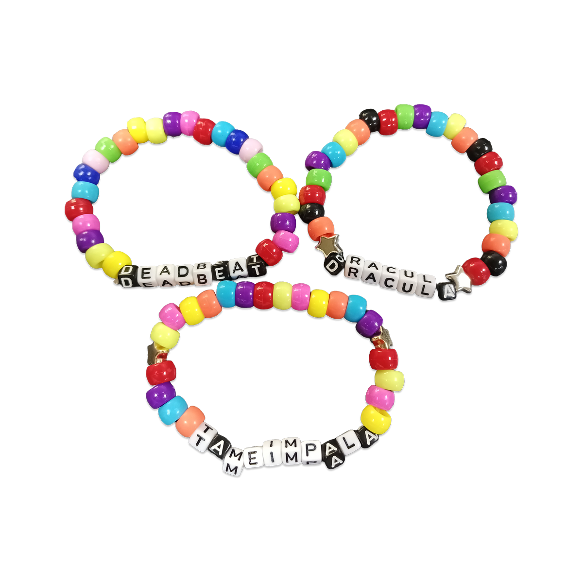Three colorful beaded bracelets with letter charms on a white background