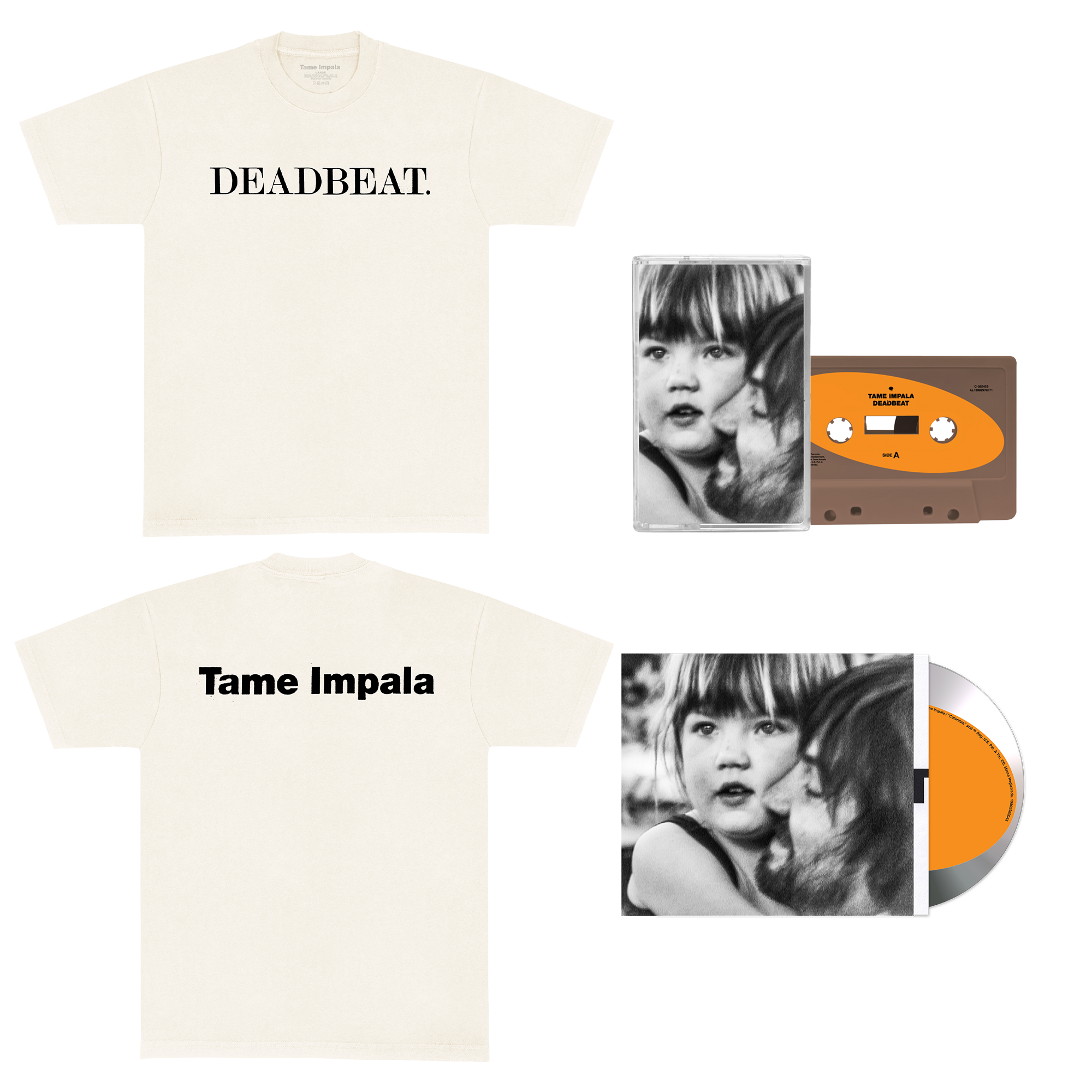 Tame Impala Deadbeat Bundle with a white short-sleeve T-Shirt, CD and Cassette