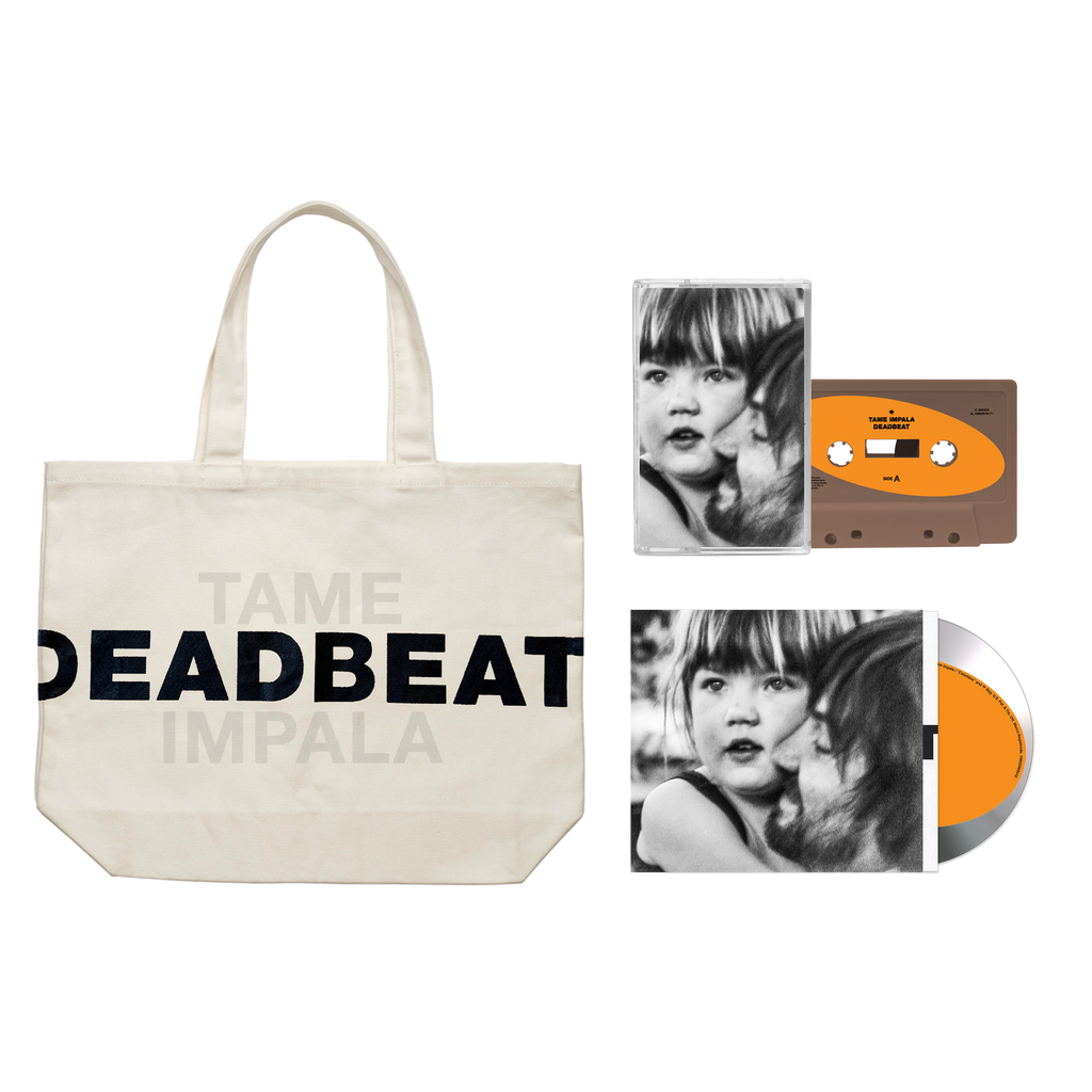 Tame Impala Deadbeat bundle with a beige tote bag, CD and Cassette.