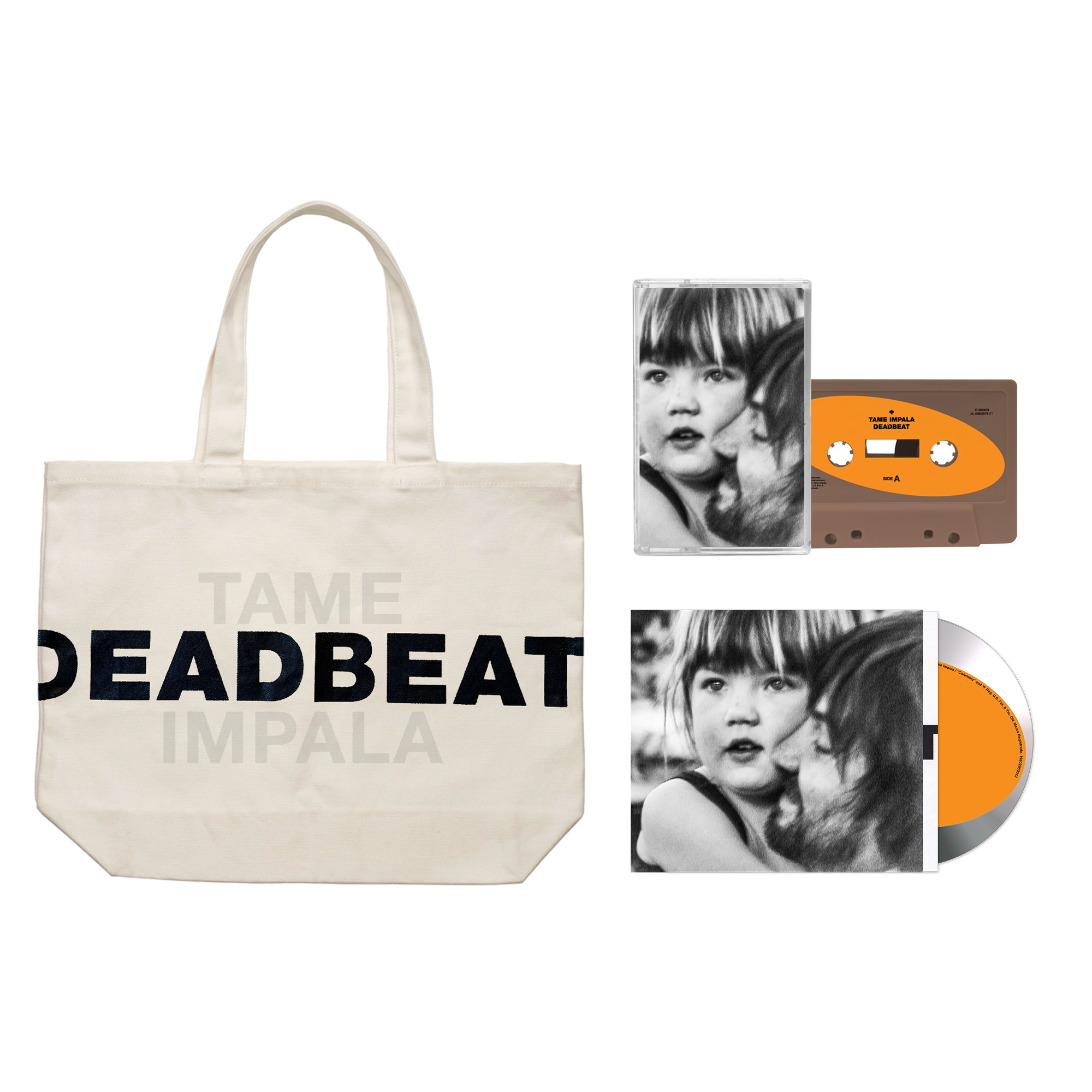 Tame Impala Deadbeat bundle with a beige tote bag, CD and Cassette.